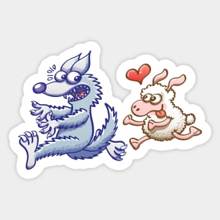 Crazy ewe in love running after a frightened wolf Sticker